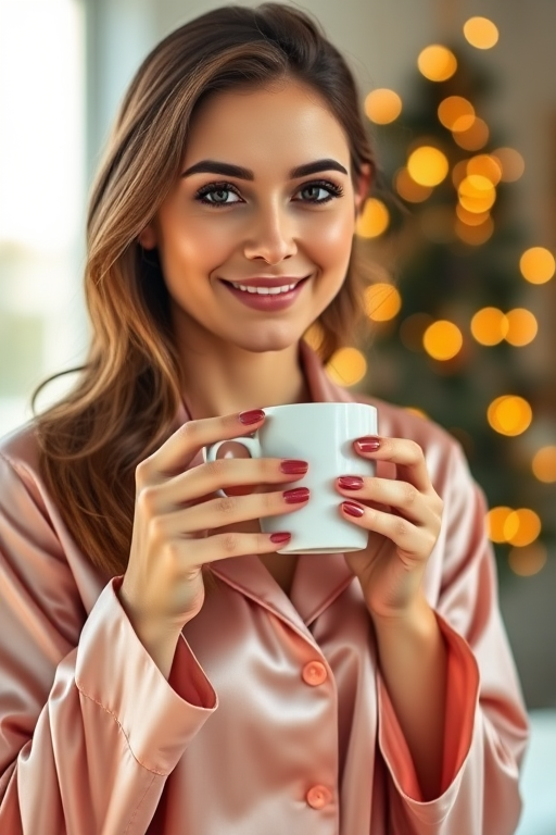 Create a portrait of a woman in satin pajamas holding a coffee cup, with a warm bokeh background, using a Canon EOS R5, 50mm lens, f/1.8 aperture, ISO 200, 1/200 sec shutter speed, soft natural lighting.