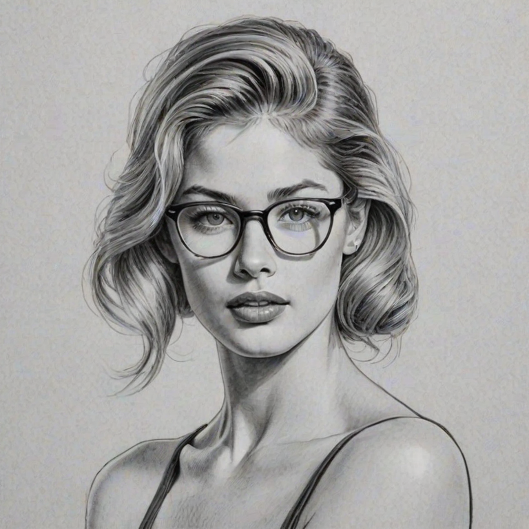 Graceful Doutzen Kroes, pencil sketch, portrait of Superb woman 1946s in glasses, hair style beatnik, outline, clear lines, fine lines, 8k