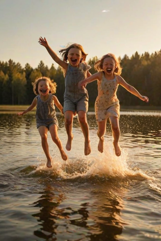 Warmly lit image of a group of children jumping into a lake from a wooden dock, soft golden light from the setting sun casting warm shadows, water splashing as they leap, and the sound of joyous screams.