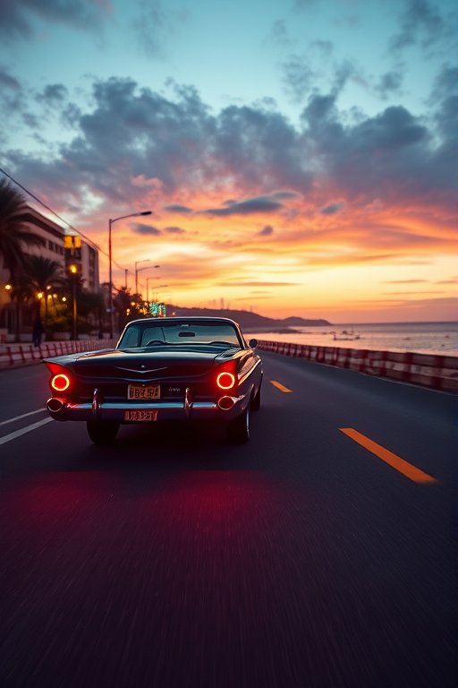 Generate a high-resolution image of a classic car driving along a beachside road at sunset with neon lights reflecting off the car, using a DSLR camera with a 35mm lens, aperture f/1.8, ISO 100, shutter speed 1/60s, shot from a low angle perspective to emphasize the vibrant colors and atmosphere.