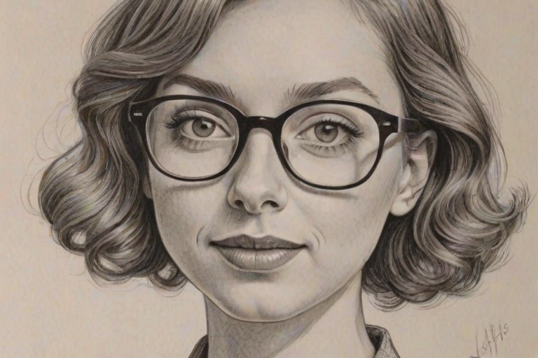 Fascinating Lauren Lapkus, pencil sketch, portrait of Lovely woman 1952s in glasses, hair style beatnik, outline, clear lines, fine lines, 8k