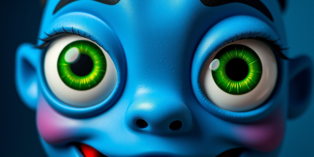 Create a high-resolution image of a cartoonish blue face with large googly green eyes and a surprised red mouth, using a DSLR camera set to f/2.8 for shallow depth of field, with a 50mm lens and a bright studio lighting setup to enhance colors and details.
