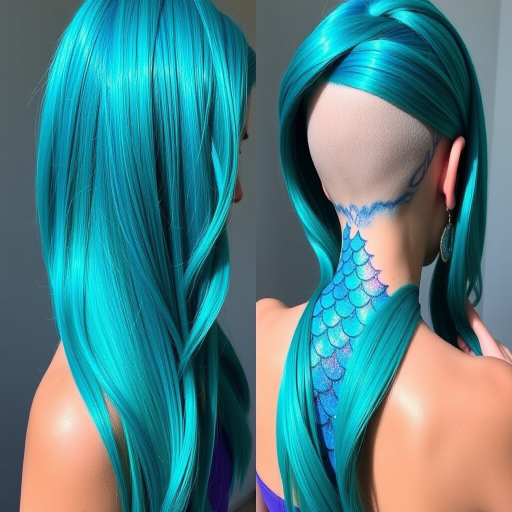 Vibrant teal and turquoise mermaid-inspired locks form a mesmerizing "Ocean Depths" look, with long, sleek strands that shine like sunlight on tropical waters. The hair is parted dramatically to one side, revealing an undercut adorned with intricate, scale-like patterns in shades of deep blue and seafoam green. Iridescent glitter adds a magical touch to this bold, eye-catching style.