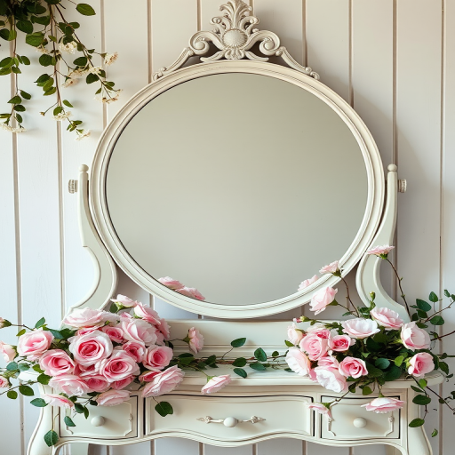 Create a high-resolution image of a vintage vanity table with a large round mirror surrounded by soft pink flowers and greenery, using a DSLR camera at f/2.8 aperture, 50mm lens, in natural light, with a slight overhead view.
