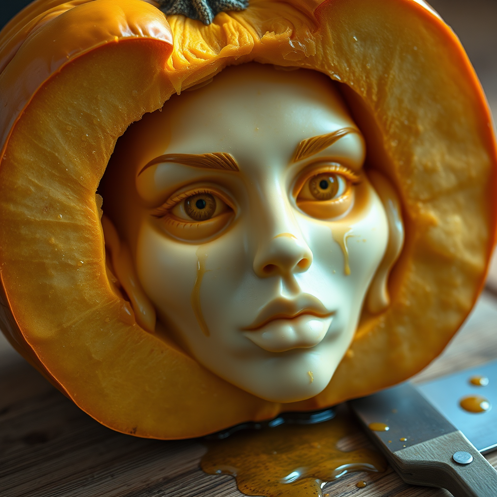A hyperdetailed photorealistic macro color saturated high resolution image of a pumpkin cut in half, with the pumpkin pit being a highly detailed sculpted woman's face with her eyes open and pumpkin-colored irises. The face has a marble texture. The image includes condensation, moisture, and pumpkin juice. The pumpkin is on a wooden cutting board with a small fruit knife nearby, also covered with juice.