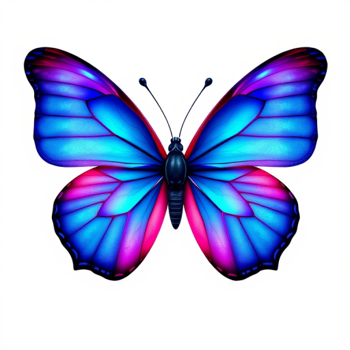 Generate an image of a butterfly with vibrant blue and pink wings, featuring intricate details and a symmetrical design. The background should be simple and clean to highlight the butterfly's colors.