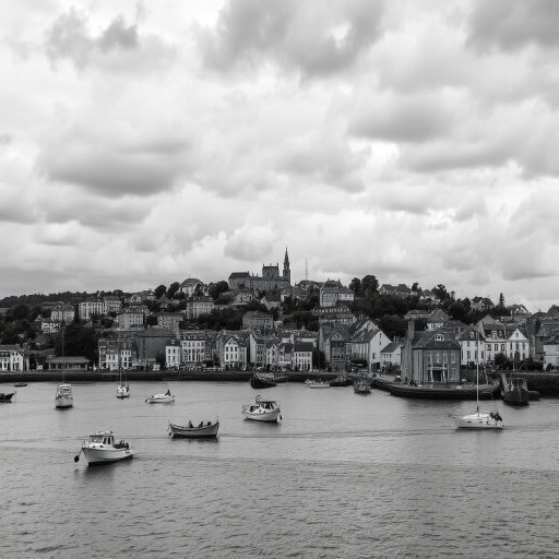 regenerate the image of a coastal town with boats in the water under a cloudy sky, taken with a DSLR camera, 50mm lens, aperture f/8, ISO 200, shot from a mid-range perspective to enhance detail and contrast in black and white.
