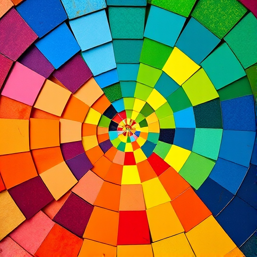 Create a vibrant spiral pattern of colored squares radiating outward, with a Canon EOS R5 camera, 50mm lens, f/1.8 aperture, ISO 100, 1/200s shutter speed, captured from a top-down view using a macro photography style for enhanced detail and clarity.