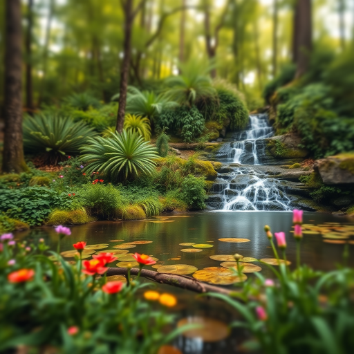 lush forest scene with a tranquil waterfall and serene pond, vibrant flowers and greenery, soft natural lighting, depth of field, 50mm lens, aperture f/2.8, ISO 100, handheld shot, DSLR camera