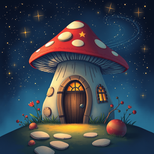 this image is illustration of a mushroom house with a door and a window, a storybook , fantasy art, mushroom house, bg starry sky, sparkles