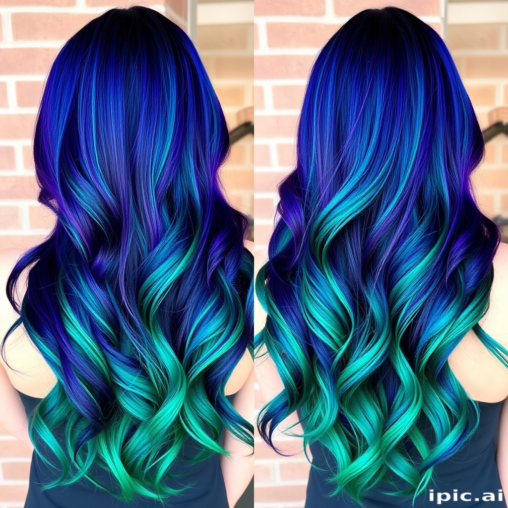 Vibrant peacock-inspired ombré flowing from deep teal to rich purple and ending in emerald green tips, styled in loose waves dubbed "Exotic Plumage" celebrating nature's beauty