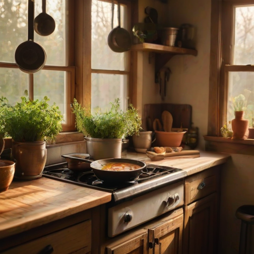 Warmly lit photo of a rustic kitchen, with a pot of soup simmering on a stove, soft golden light from a nearby window illuminating the wooden countertops and fresh herbs scattered around.