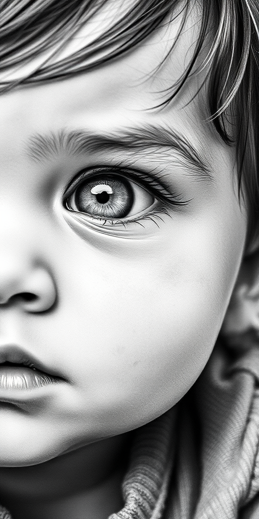 A hyperdetailed photorealistic black and white sketch of a beautiful toddler with deep white eyes, with a macro focus