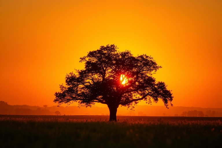 sunset behind a silhouette of a tree in a field, ISO 100, aperture f/8, shutter speed 1/200, 50mm lens, HDR photography, golden hour lighting, full-frame DSLR