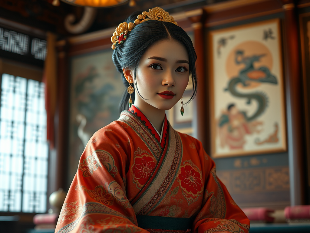 A beautiful Ryukyuan woman in traditional East Asian attire, intricately detailed with embroidered patterns, sitting gracefully in a richly decorated room, soft ambient lighting, serene and elegant, ultra-realistic, 8K resolution