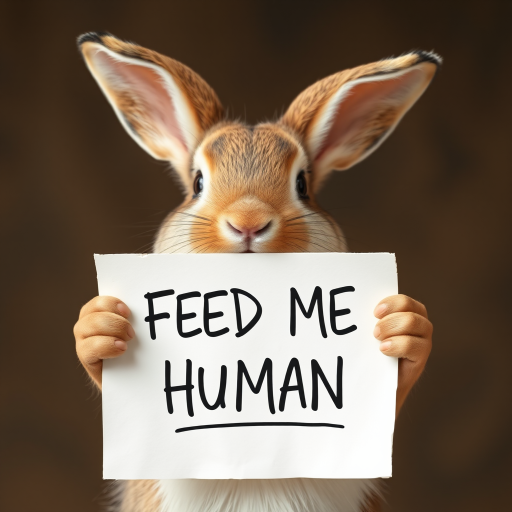rabbit holding a note which says "FEED ME HUMAN"