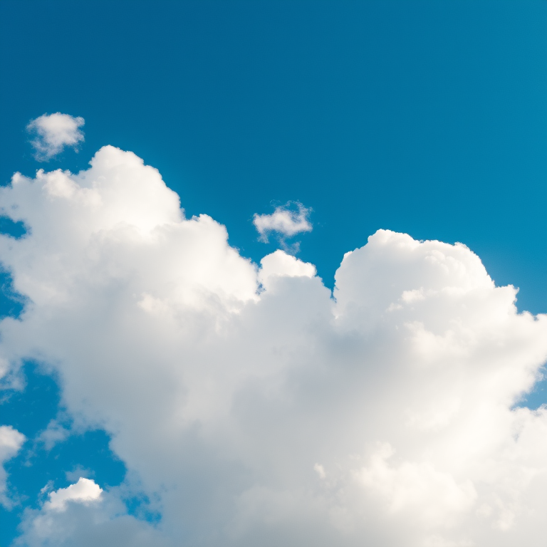 Capture a vivid blue sky with fluffy white clouds using a DSLR camera, 24mm lens, f/8 aperture, ISO 100, and a shutter speed of 1/200s from a wide angle bird's eye view to highlight details in the clouds and enhance the overall image quality.