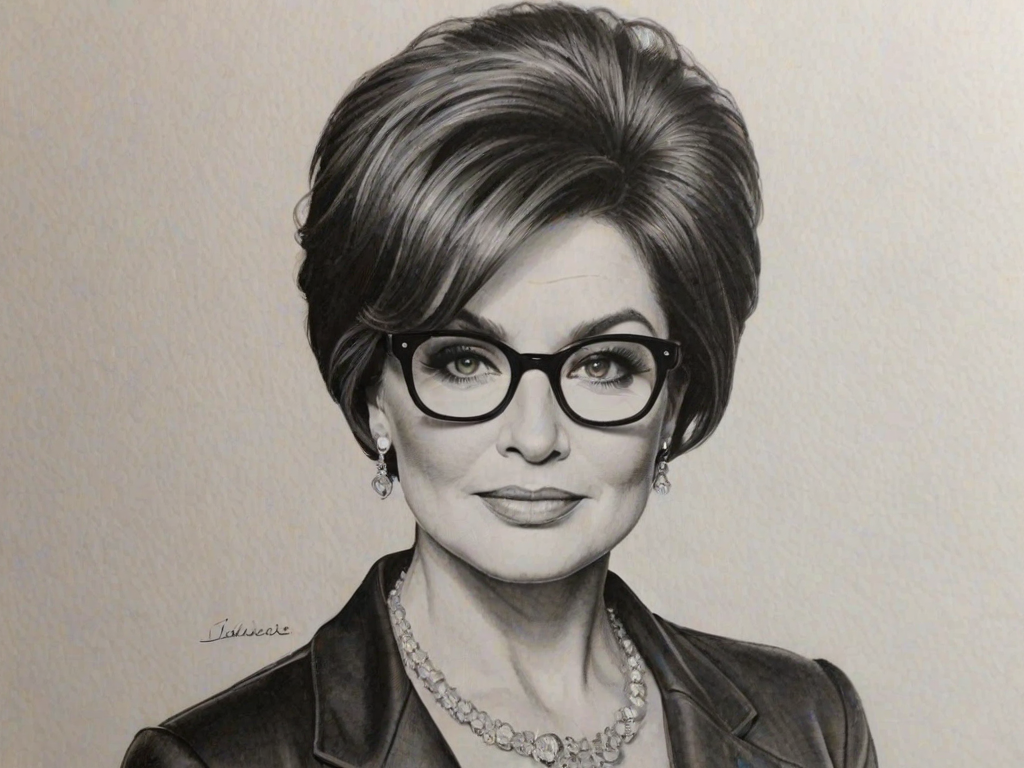 Superb Sharon Osbourne, pencil sketch, portrait of Sublime woman 1959s in glasses, hair style beatnik, outline, clear lines, fine lines, 8k