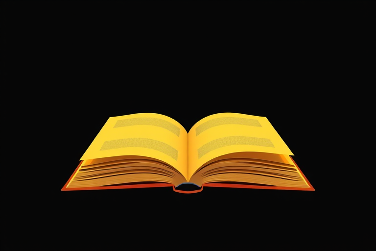 Create an illustration of a yellow book with an open cover against a black background, using a 50mm lens, f/2.8 aperture, ISO 100, with a high-resolution DSLR camera, top-down view, and vibrant colors to enhance image quality.