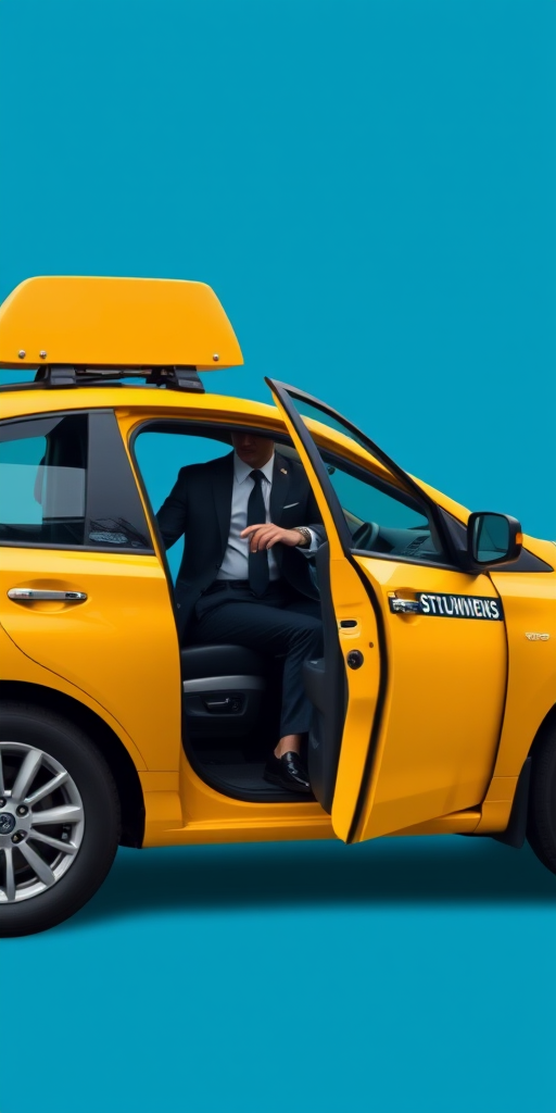 A businessman in a suit getting out of a yellow taxi on a solid blue background, shot with a DSLR camera at f/4, ISO 100, 50mm lens, natural lighting, with a focus on the subject and a slight bokeh effect.