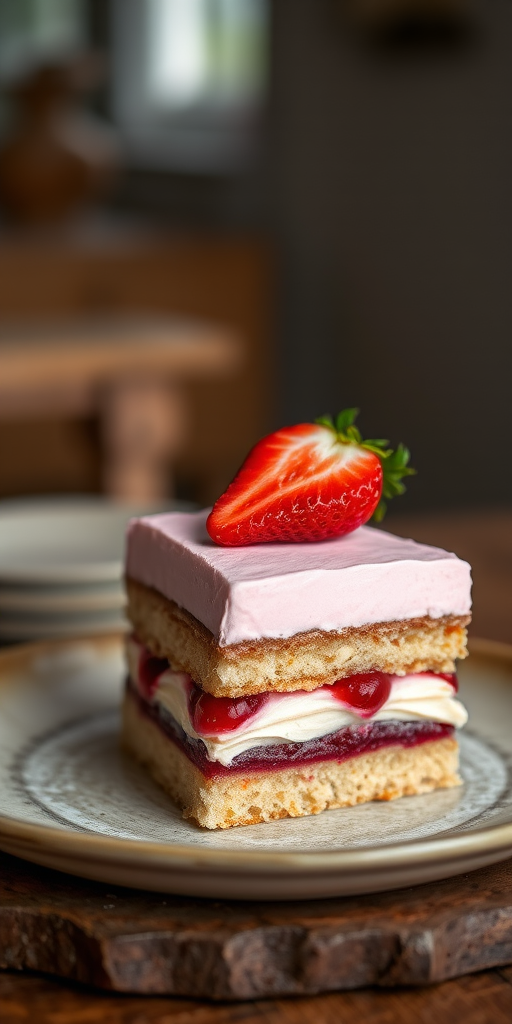A slice of layered cake on a rustic plate featuring a light pink mousse topping with a strawberry on top a layer of berry jam and a soft vanilla sponge base, indoor lighting with a soft focus background