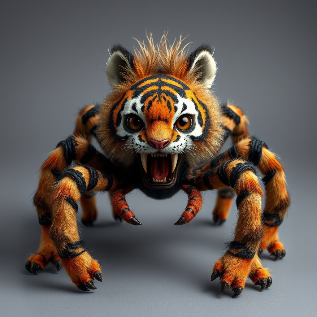 This charming yet frightening Spider Tiger features six legs, a hairy, furry body, and a cat-like tiger physique combined with an insectoid tiger head and tiger legs. The furry head further adds to the creature's unique appearance, creating a captivating blend of cuteness and fear that makes this six-legged, furry, insect-inspired tiger both adorable and scary.