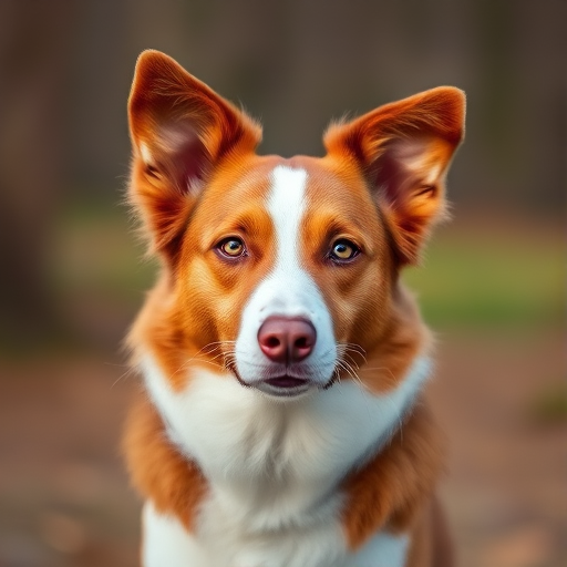 Generate a high-resolution portrait of a brown and white border collie against a blurred outdoor background, captured with a DSLR camera at f/2.8, ISO 100, 50mm lens, in natural lighting with a focused, shallow depth of field.