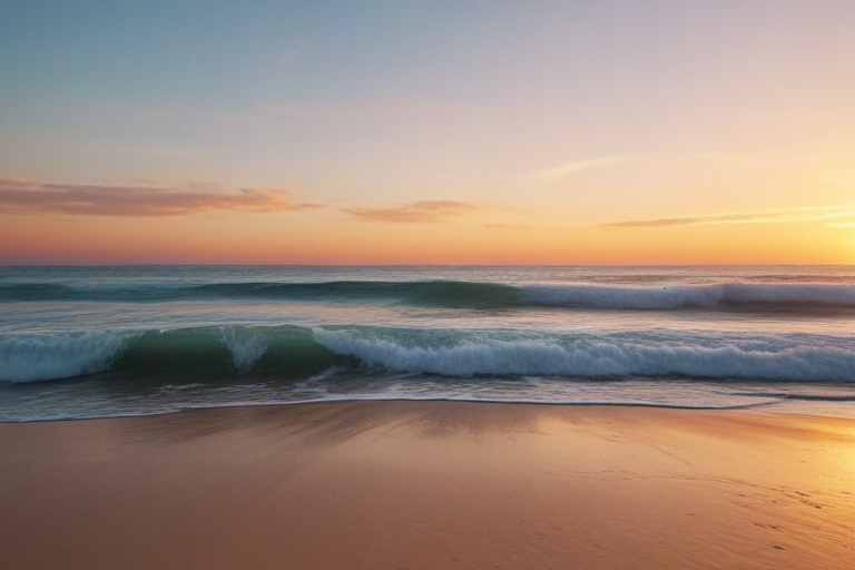 Serene Sunset Over Gentle Waves on a Tranquil Beach Shoreline