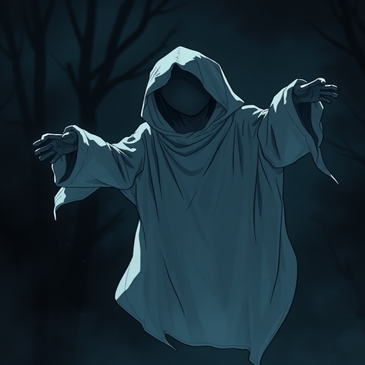 night, dark, natural lighting, faceless-humanoid focus, floating, Dafaceless, no face, white_Dafaceless_cloth, 1faceless, intricately detailed illustration, depth of field, atmospheric perspective, horror (theme)
