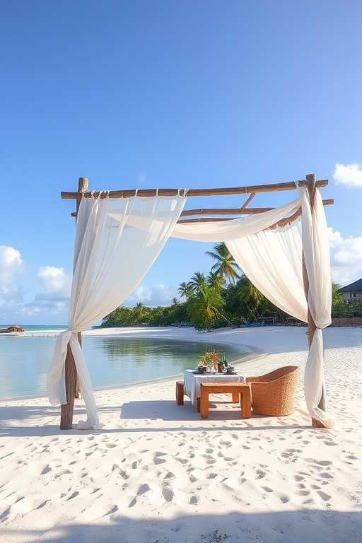 Create a picturesque tropical beach scene featuring a serene, white sandy shore. In the foreground, there's a rustic wooden canopy with white drapes gently flowing in the breeze. Underneath the canopy, a table is set with tropical decor, evoking a sense of relaxation and leisure. The beach extends into a calm, shallow water area with reflections of the sky and surroundings. Palm trees and lush greenery line the edge of the beach, providing a natural, tropical backdrop. The sky is clear with a few scattered clouds, and the overall atmosphere is tranquil and inviting, perfect for a peaceful retreat.