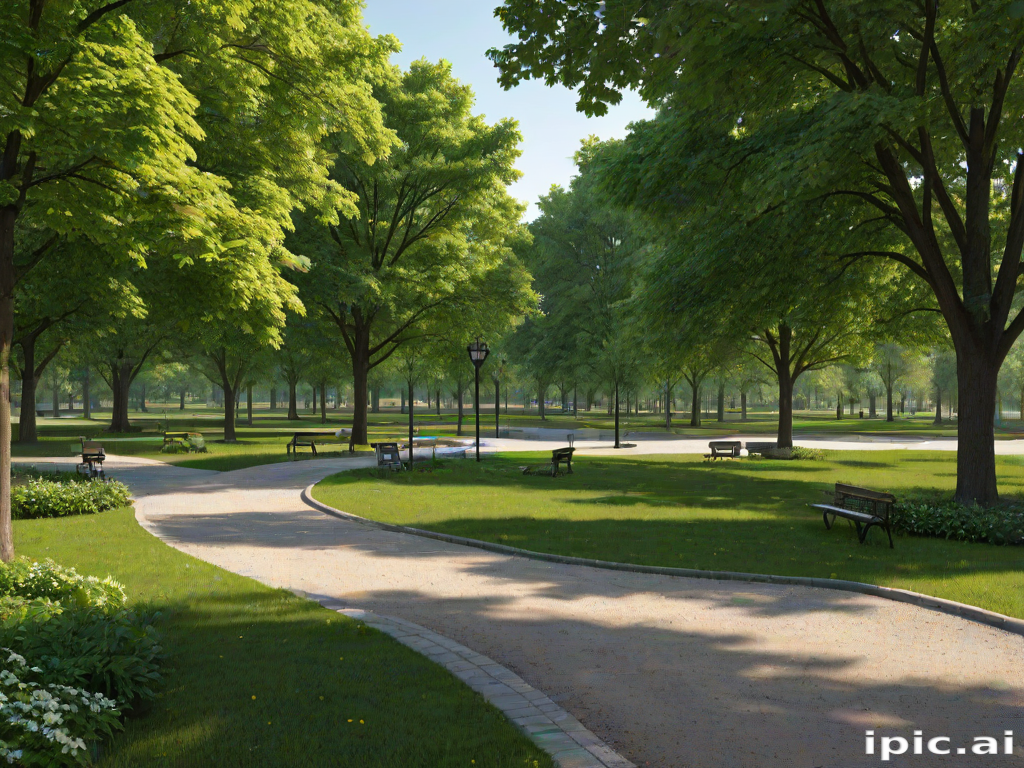 Tranquil Park Scene with Lush Green Trees and Serene Pathways