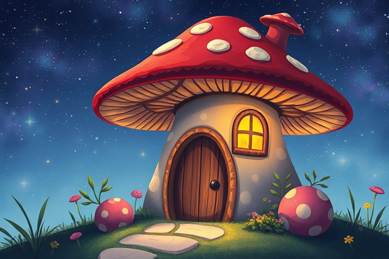this picture is illustration of a mushroom house with a door and a window, a storybook , fantasy art, mushroom house, bg starry sky, sparkles