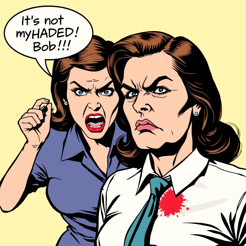 A pop art piece of a very angry wife discovering a lipstick stain on a man's dress shirt. Make the print on his collar. Put a word balloon above the wife's head that says 'It's not my SHADE Bob!!!'