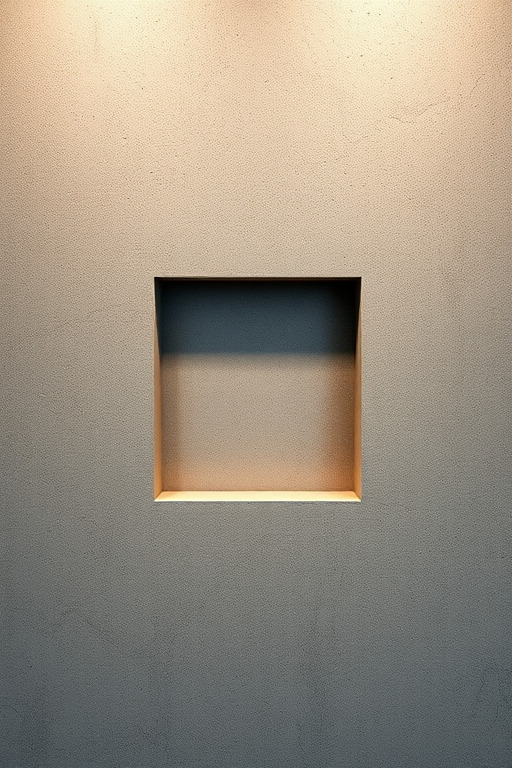 photorealistic image of a textured wall with a recessed square in the center, overhead view, soft ambient lighting, aperture f/11, shutter speed 1/60 sec, ISO 200, DSLR camera, 50mm lens