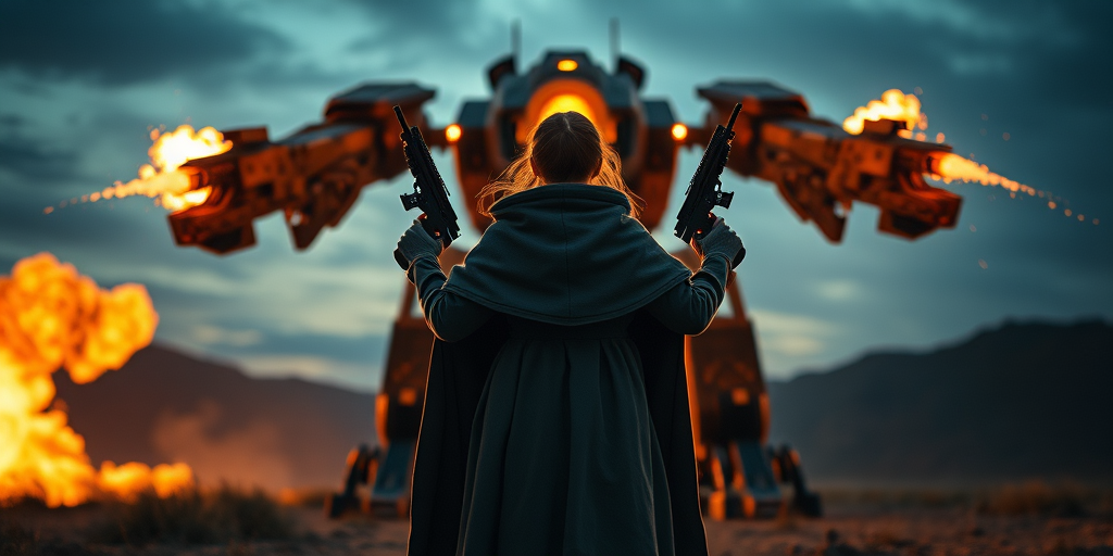 create a cinematic scene of a girl in a cloak standing confidently with futuristic rifles in each hand, facing an imposing mech with explosive blasts in the background, shot with a Canon EOS R6, 35mm lens, f/1.8 aperture, ISO 100, low angle view at twilight for enhanced colors and dramatic lighting.