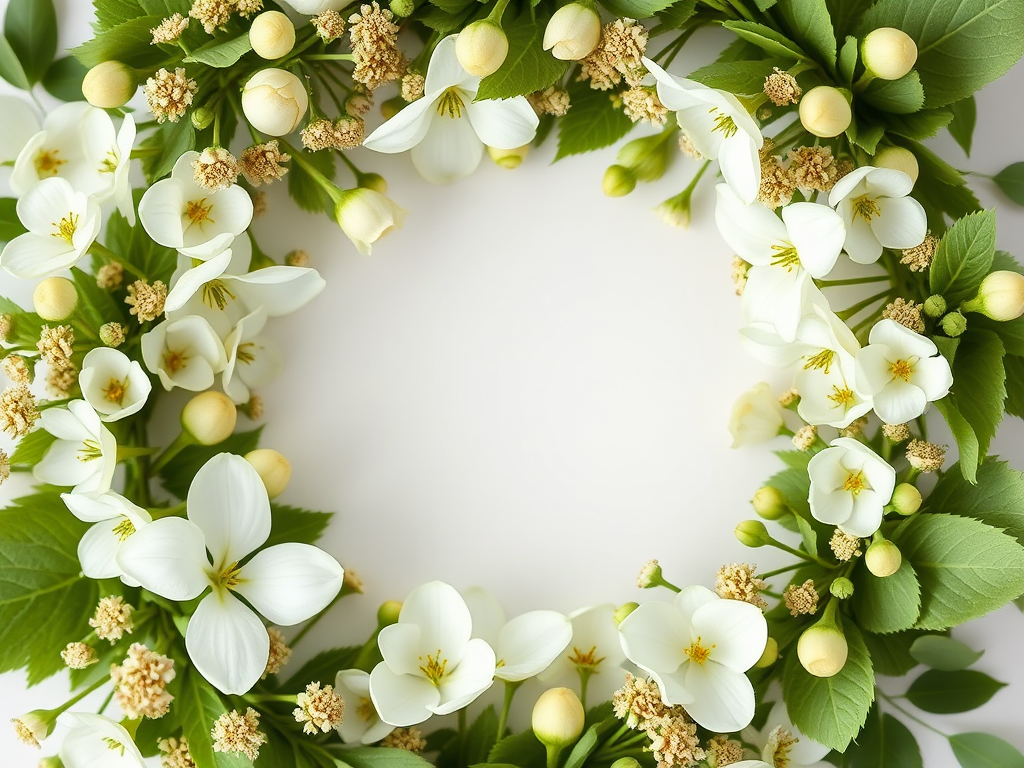 Create a circular floral frame with delicate white and soft green flowers and leaves, high-resolution, macro lens, f/2.8 aperture, 50mm focal length, natural lighting, top-down view, digital camera.