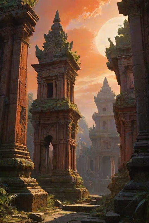 casting long, with moss and foliage growing on them, red and orange light that seems to emanate from within the structures, possibly lions or sphinxes. The statues are weathered, jagged rock formations. The architecture is a mix of Asian and Mayan influences, glowing pathway runs through the heart of the ruin, and spires, their fronds and trunks visible on the left and right of the frame., interspersed with splashes of red and orange, which seem to glow with an inner light, suggesting either a late afternoon or early morning sun. The architecture is a blend of ancient Roman and Gothic styles, possibly representing large orbs or machinery. These orbs are supported by ornate, contributing to the dreamlike atmosphere., This is a digital painting, adding to the mystical, swirling patterns that blend organic and mechanical elements