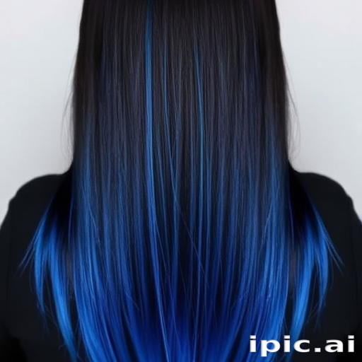 Striking jet black hair with electric blue tips dubbed "Midnight Lightning," falls in a pin-straight curtain from roots to waist, featuring a dramatic contrast between the dark base and vivid ends, exuding an air of mystery and edginess