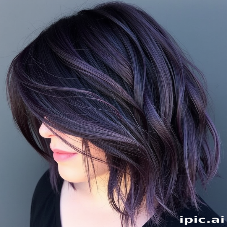 Mysterious deep purple hair with smoky gray undertones, styled by Violet Shadow, showcasing a textured lob cut with choppy layers and subtle silver metallic accents