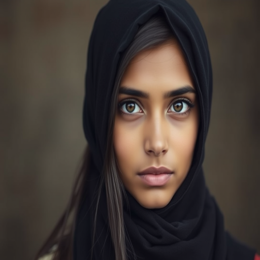 Create a portrait of a young Indian woman with long, dark hair and captivating hazel eyes. She is wearing a black headscarf and a matching scarf draped gracefully around her neck. The background is softly blurred, focusing attention on her serene and natural expression. The overall color palette is muted and warm, enhancing the intimate and authentic feel of the portrait.