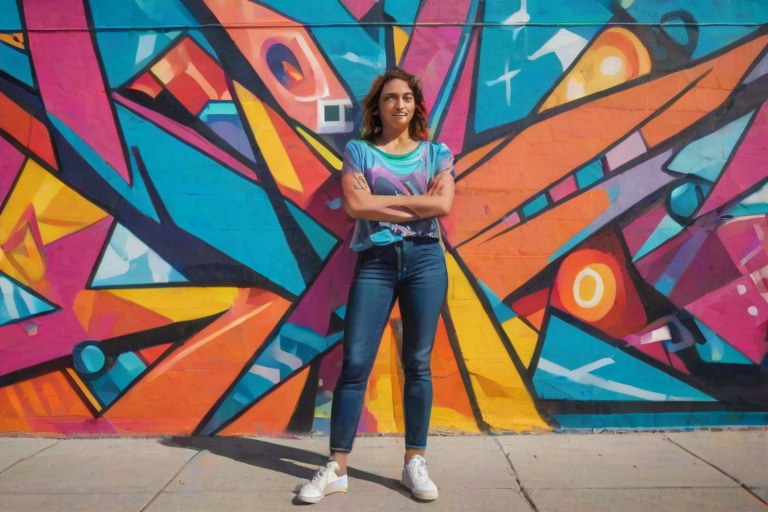 Vibrant street mural, with abstract shapes and bright colors, a woman stands in front of the massive artwork, her arms crossed as she admires the bold design.