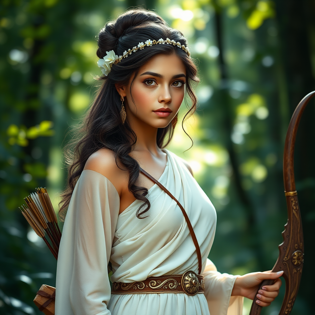 Create a portrait of a goddess-like Hispanic girl figure in a tranquil, forested environment. She has an elegant appearance with long, wavy hair styled in an updo and adorned with a delicate, floral headband. She wears a flowing, ancient Greek-inspired gown in a soft, pale color, featuring a one-shoulder design and draped fabric that accentuates her graceful form. The outfit includes a decorative belt with ornate gold detailing, and she holds a bow in her hand, with a quiver of arrows slung over her shoulder. The background depicts lush greenery, with sunlight filtering through the trees, casting a gentle, ethereal light on the scene. Her expression is calm and contemplative, embodying a sense of wisdom and serenity.