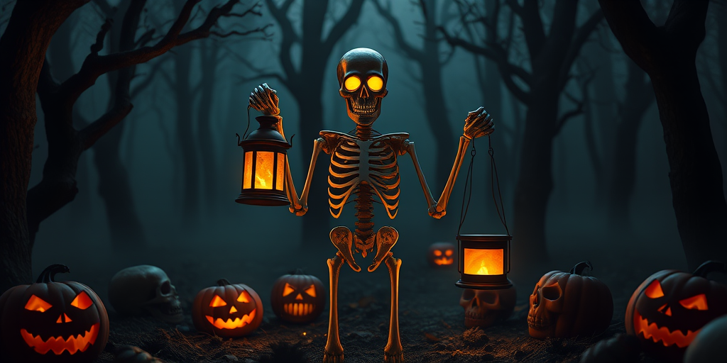 Create a spooky scene featuring a skeleton figure with glowing eyes holding two lanterns that emit an eerie light in a dark forest setting surrounded by carved pumpkins and ominous skulls. The atmosphere should be haunting with mist and twisted trees in the background, emphasizing a Halloween theme.
