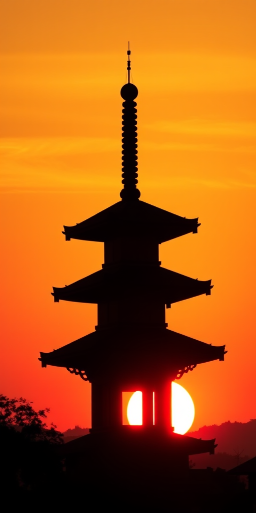 silhouette of a traditional pagoda against a vibrant sunset gradient background with rich orange and yellow hues, captured with a DSLR camera at f/8 aperture, ISO 200, 50mm lens, using a wide-angle view for enhanced depth and clarity