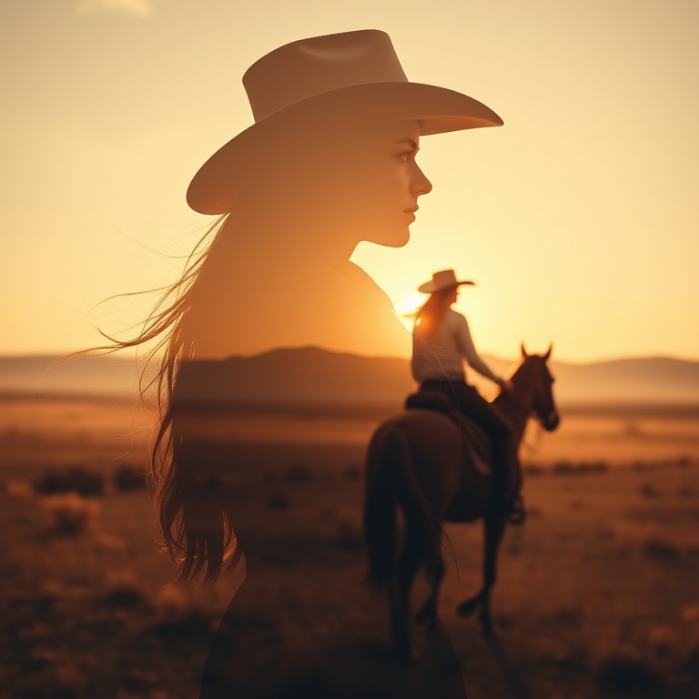 "Create a Double exposure", a silhouette "profile portrait of a young cowgirl" with long hair "superimposed" against a long shot of a cowgirl riding a horse across the plains, fantastic view, 32k, cinematic, hyper-realistic.