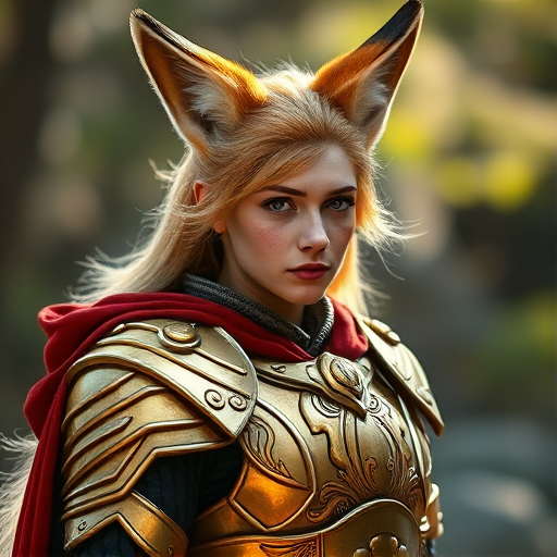 Create a high-resolution fantasy portrait of a warrior with fox ears and a bushy tail, wearing ornate golden armor with a crimson cape, captured with a DSLR camera using a 50mm lens, ISO 100, f/1.8, shallow depth of field, slight vignette, soft natural lighting, and a slightly blurred background to emphasize the character.