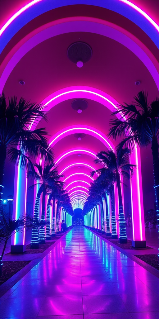 Create a vibrant and futuristic scene featuring a tunnel of glowing arches illuminated in pink and blue, lined with neon palm trees, ultra-wide shot, f-stop 2.8, ISO 100, shutter speed 1/60, taken with a full-frame DSLR camera.