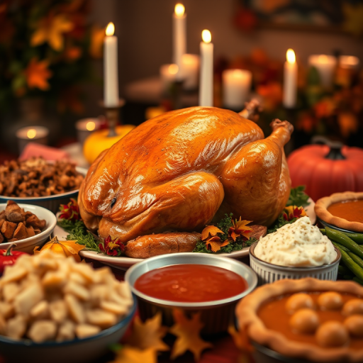 Thanksgiving feast with a beautifully roasted turkey surrounded by colorful sides like stuffing, mashed potatoes, green beans, cranberry sauce, and pumpkin pies, captured in a warm, cozy setting with autumn leaves, soft candlelight, shallow depth of field, 50mm lens, f/1.8 aperture, ISO 200, natural lighting, close-up view.