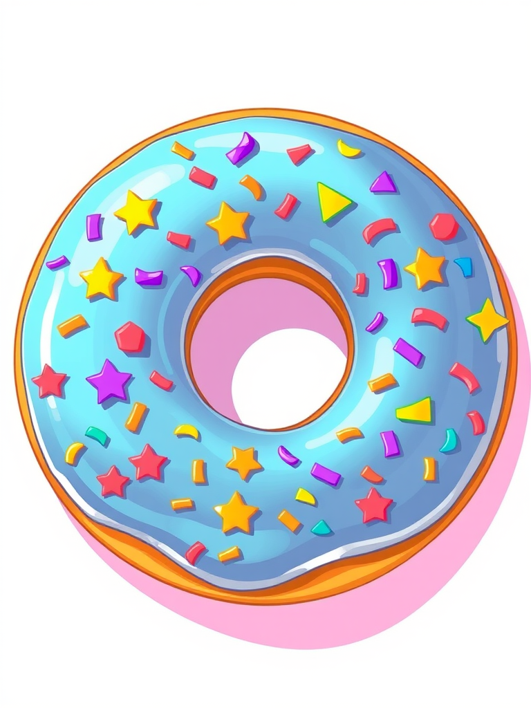 Create a vibrant and detailed illustration of a donut with colorful star sprinkles on a light background, using a macro lens with an aperture of f/2.8, shutter speed of 1/250s, ISO 100, shot from a top-down view, using a digital art style for enhanced quality.