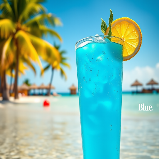 Create a vibrant beach scene featuring a Blue Lagoon cocktail with lemon segment and crushed ice, tropical palm trees in the background under a clear blue sky, captured with a DSLR camera at f/4, 1/250 sec, ISO 100, wide-angle lens, natural lighting for enhanced colors and clarity.